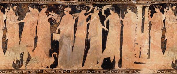 Full scene presented on bathing vessel depicting a bridal procession 