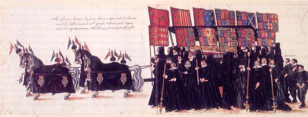 Funeral of Elizabeth I of England. The casket of the queen is accompanied by mourners bearing the heraldic banners of her ancestors' coats of arms marshalled (side-by-side) with the arms of their wives.