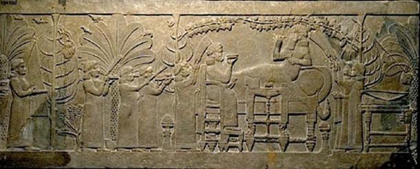 ‘Garden party of Aššurbanipal’ relief, reproduced with the permission of the Trustees of the British Museum. Found in Nineveh, Iraq, dated circa 645 BC. (British Museum)