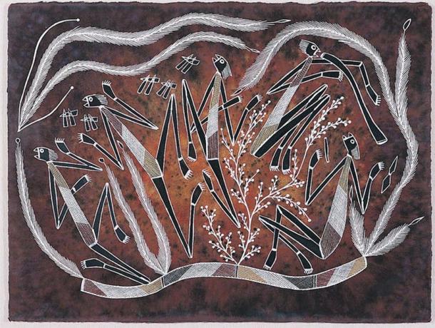 Garry Djorlom, Kunwinjku, 1991, Dancing Namorroddos, ocres naturelles sur papier Arches, 76cmx95cm. (Image © l'artiste, autorisée par la Aboriginal Artists Agency Ltd)