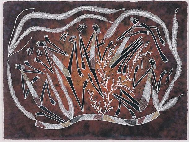 Garry Djorlom, Kunwinjku, 1991, Dancing Namorroddos, natural ochres on Arches paper, 76cmx95cm. (Image © the artist, licensed by Aboriginal Artists Agency Ltd)
