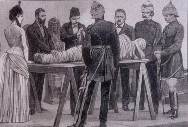 Gaston Maspero working on a mummy in Cairo, 1886.