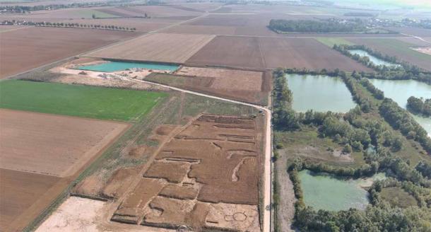 General view of the Marliens gravel pit, with prehistoric enclosures visible center bottom.