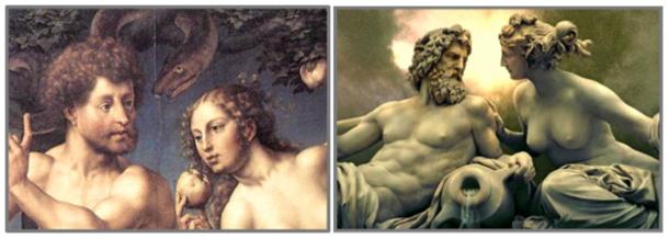 Genesis names the first couple in the ancient garden Adam and Eve . . . the Greeks called them Zeus and Hera. Left: Adam and Eve in Paradise by Jan Gossaert, 1527. Right: Zeus and Hera by Josef Tautenhayn, Austrian Parliament Building, Vienna (Public Domain).