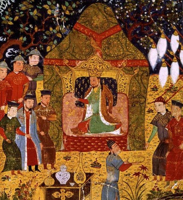 Genghis Khan seated in the center and Jochi standing in the left. (Public Domain)