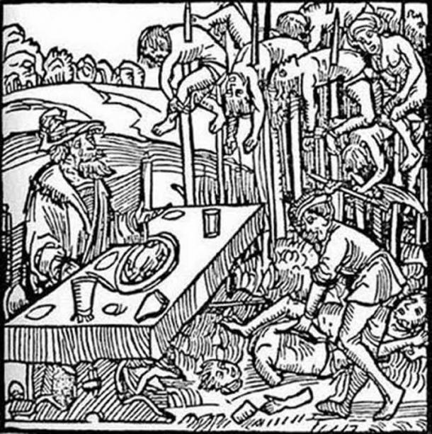 A 1499 German woodcut showing Count Dracula dining among the impaled corpses of his victims. (Markus Ayrer / Public domain)