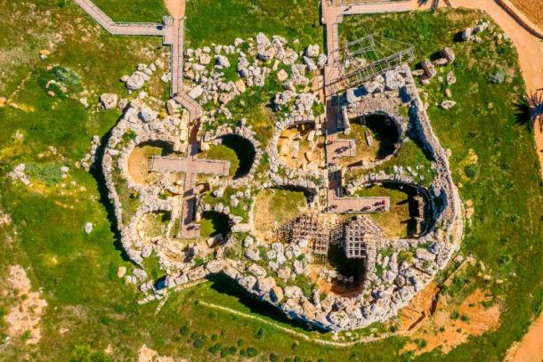 Built between 3600-700 BC, Ggantija may be the second oldest temple still standing. An aerial view of Ggantija and ongoing excavations (Sandro / Adobe Stock)