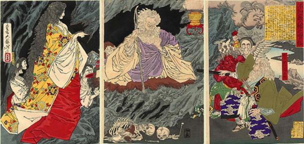 Духът от Цукиока Йошитоши Печатът изобразява Митокомон Мицукуни-ко, побеждаващ призрак в Яхата