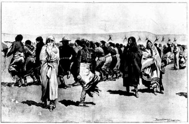 The Ghost dance by the Oglala Lakota at Pine Ridge Agency-Drawn by Frederic Remington from sketches taken on the spot. (Public Domain)