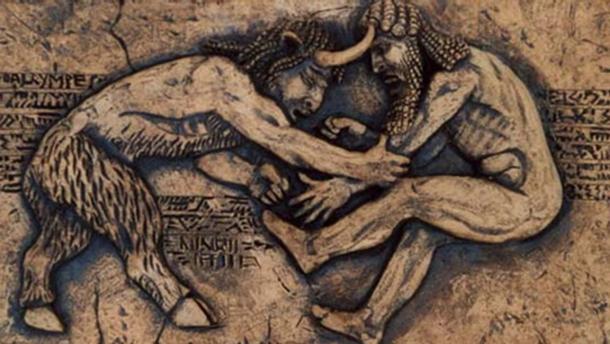 Gilgamesh and Enkidu wrestling, modern ceramic relief. (Image: NielDalrymple)