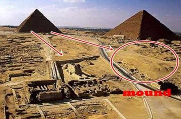 Giza Plateau with proposed buried second sphinx mound encircled.