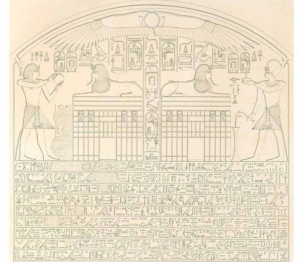 La Estela del Sueño de Giza, que se encuentra entre las patas delanteras de la Esfinge, según lo registrado por Karl Richard Lepsius, un egiptólogo, lingüista y arqueólogo moderno prusiano pionero. (Karl Richard Lepsius / Dominio público)