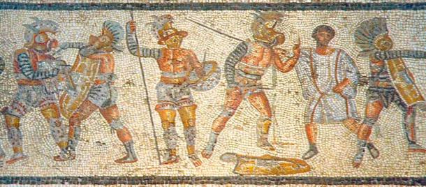 Gladiators from the Zliten mosaic, c. AD 200 (Public Domain)