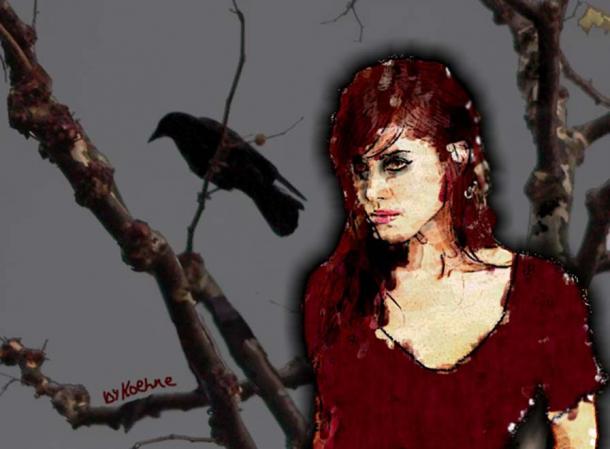 A representation of the Goddess Morrigan with a raven. 