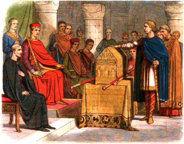 Harold Godwinson swears fealty to William the Conqueror, 1864 engraving (Public Domain)