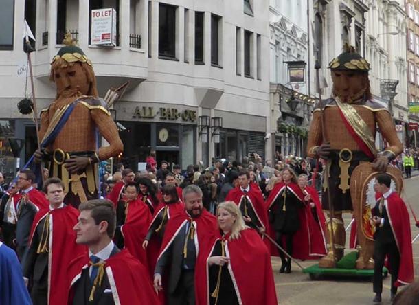 Gog and Magog parading through the City of London in the annual Lord Mayor’s Show; this pair were once believed to represent the giant Goëmagot and his adversary Corineus, the companion of Brutus. (Photo via author)