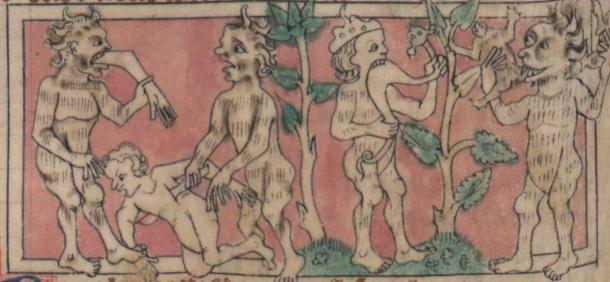 The Gogmagog was sometimes depicted as two folklore creatures, Gog and Magog, who also engaged in cannibalism, manuscript circa 1308 (Public Domain)