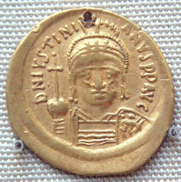 Gold coin of Justinian I, 527–565, excavated in India probably in the south, an example of Indo-Roman trade during the period