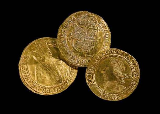 17th century gold coins found by metal detectorists in the Trefeglwys Community, Powys, Wales. (National Museum Wales)