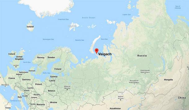 Google Map marked with the location of Vaigach Island (Image: The Siberian Times)