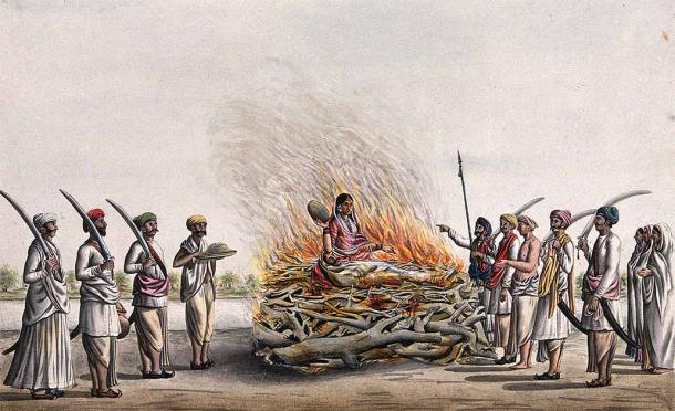 Gouache painting of the act of Sati self-sacrifice. (Public domain)