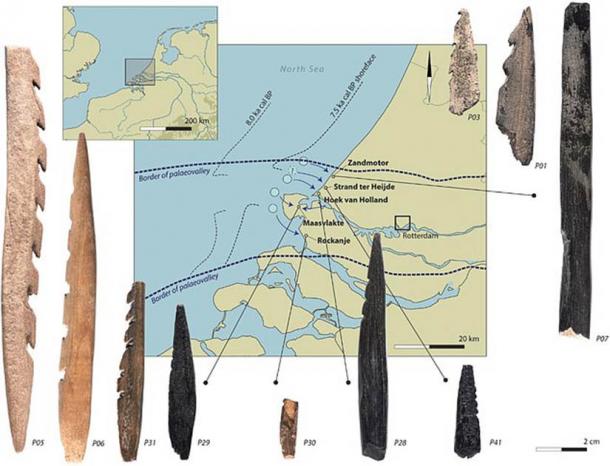 Gráfico que muestra puntas de flecha de hueso encontradas en playas holandesas que se cree que provienen de sedimentos del fondo del Mar del Norte. (Dekker et al./JAS)
