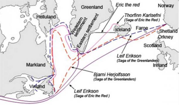 Graphical description of the different sailing routes to Greenland, Vinland (Newfoundland), Helluland (Baffin Island) and Markland (Labrador) travelled by different characters in the Icelandic Sagas, mainly the Saga of Erik the Red and the Saga of the Greenlanders. Modern English versions of the Norse names. ( CC BY-SA 3.0 )