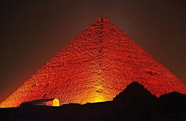 The Great Pyramid of Giza at night.