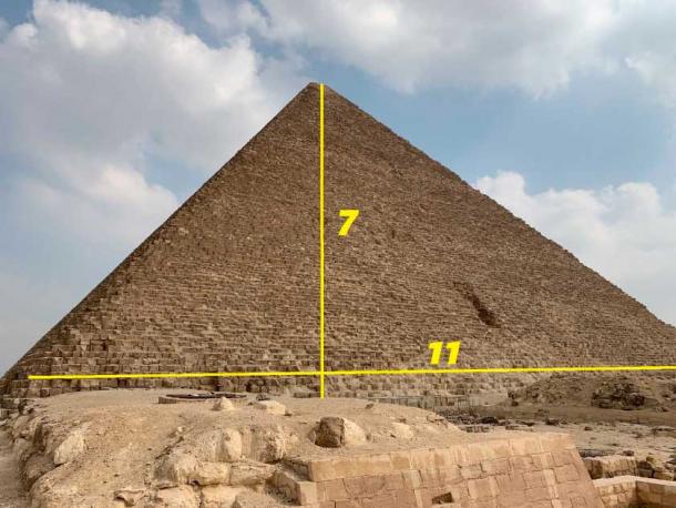 The Great Pyramid, south face. The Great Pyramid incorporated the numbers seven, eleven, fourteen and eighteen, as well as pi and the Golden Ratio. (© Jonathon A. Perrin)