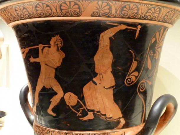 A Grecian mixing vessel of the 5th century BC shows the death of Orpheus at the hands of the bacchantes or Maenads. 