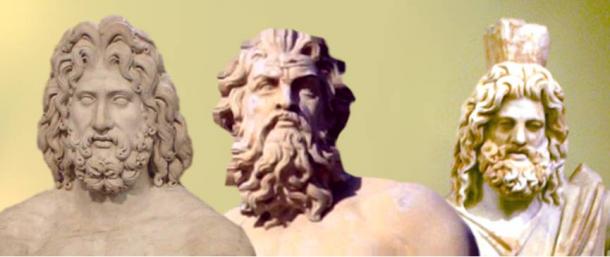 The Greek Trinity: Zeus, Poseidon and Hades -- gods of heavens, sea, and underworld.