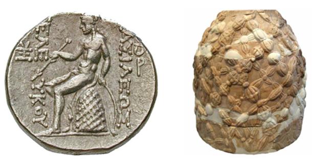 Figure 3. Left: A Greek coin of Seleucus III showing Apollo seated upon the sacred omphalos stone of Delphi. Right: This stone (or an ancient copy of this stone) still exists at Delphi. (Photo credit: Ralph Ellis.)