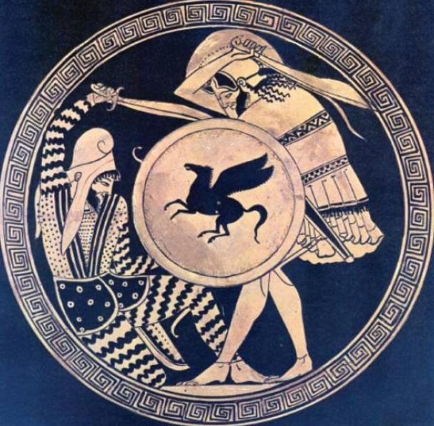 Greek hoplite and Persian warrior fighting each other. Depiction in ancient kylix. 5th c. B.C. National Archaeological Museum of Athens.