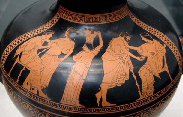 Ancient Greek jug design depicting social scene.