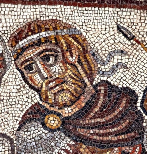 Head of a Greek military ruler, possibly Alexander of Macedon, in a mosaic that shows the only non-biblical scene known in an ancient synagogue. 