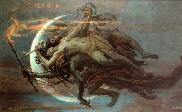 Painting of the goddess Hecate of Greek mythology, a.k.a. Hekate, by Maximilian Pirner. (Public domain)