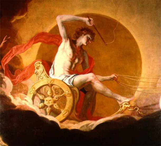 Греческий бог солнца Гелиос управлял колесницей, подобно скандинавскому богу солнца Солу; однако пол братьев и сестер меняется. Картина Ганса Адама Вайссенкирхнера, 1685 г. (общественное достояние)
