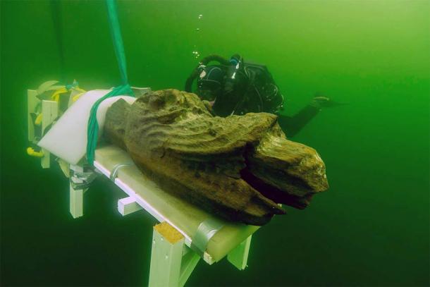 The Gribshunden shipwreck came to media attention when archaeologists salvaged a fabulously well-preserved wooden figurehead of a dragon-like monster from the stern and brought it to the surface. (Blekinge Museum)