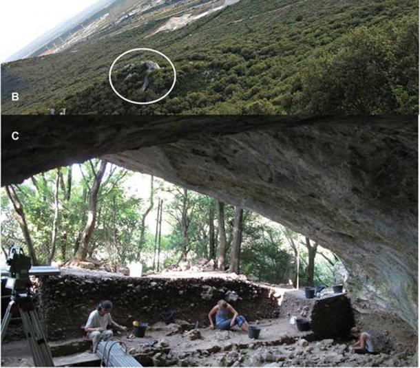 Grotte Mandarin (B) in the French landscape where the Homo sapiens tooth was found in the rock shelter (C) overlooking the Rhône River Valley. (Ludovic Slimak / CNRS)