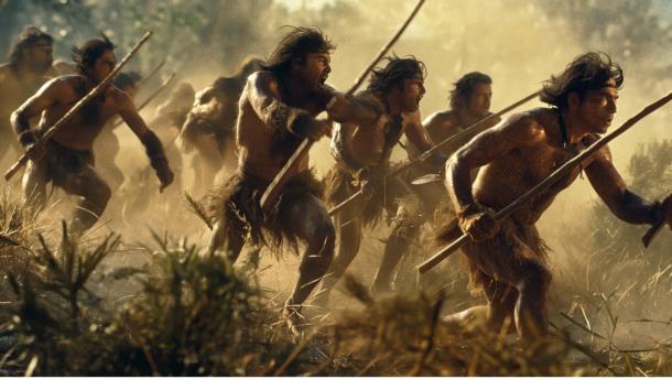 Group of prehistoric hunters armed with spears and axes.