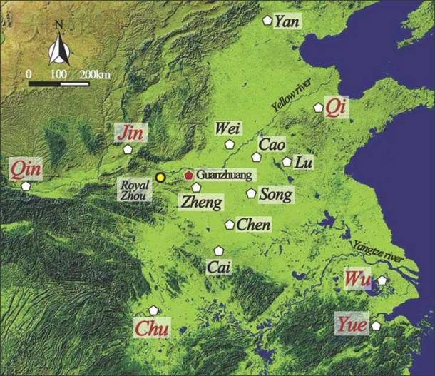 Mapa que muestra la ubicación de Guanzhuang donde se descubrió el sitio de acuñación de monedas chinas. (H. Zhao / Antiquity Publications Ltd)