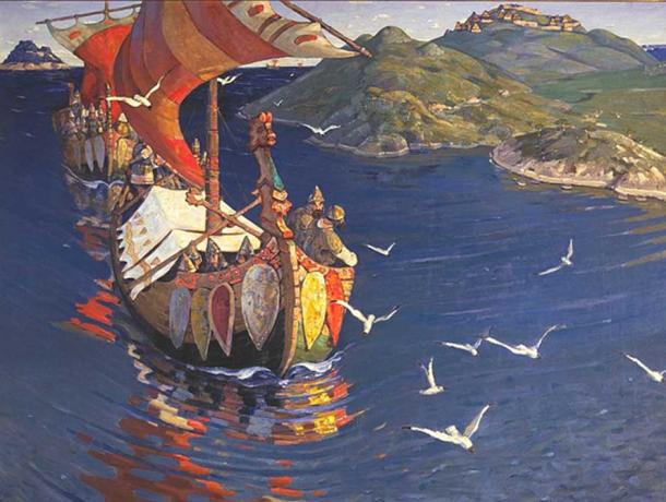 Guests from Overseas, Nikolaj Roerich, 1901. (Public Domain)