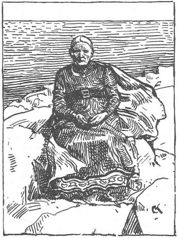 Gunnhild as an old woman. Illustration by Krohg.