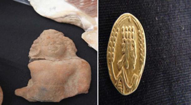 Gupta art (on left) and gold coin found at the Adulis site (Photo by Madote)