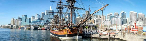 A replica of the HMS Endeavour in Sydney, Australia.