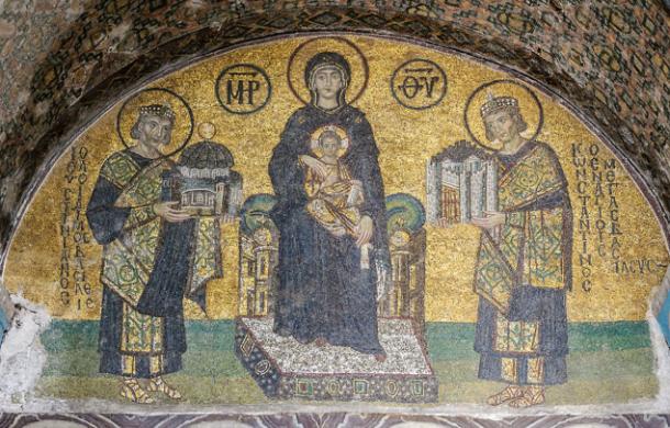Hagia Sophia mosaic depicting the Virgin Mary holding the Christ child on her lap. On her right side stands Justinian, offering a model of the Hagia Sophia