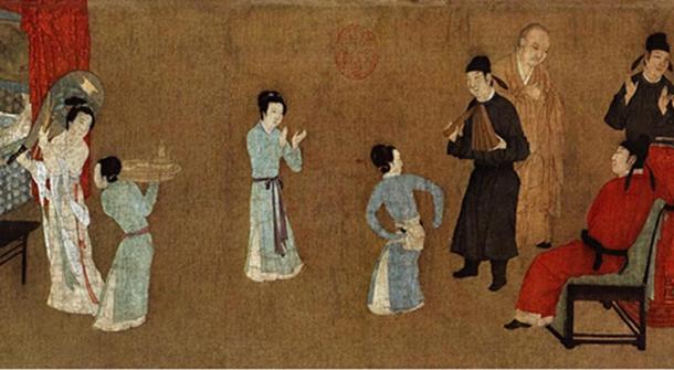 Detail; Night Revels of Han Xizai, painting depicting ladies dancing and entertaining guests.