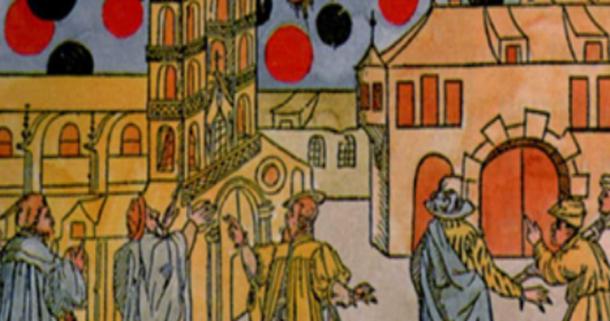 Gravură manuală în lemn de Samuel Coccius, Basel Elveția 1566. 7 august, multe globuri negre se mișcau în fața soarelui cu mare viteză și păreau să lupte. A fost aceasta o observație antică a OZN-urilor sau un eveniment ceresc? (Domeniu public)