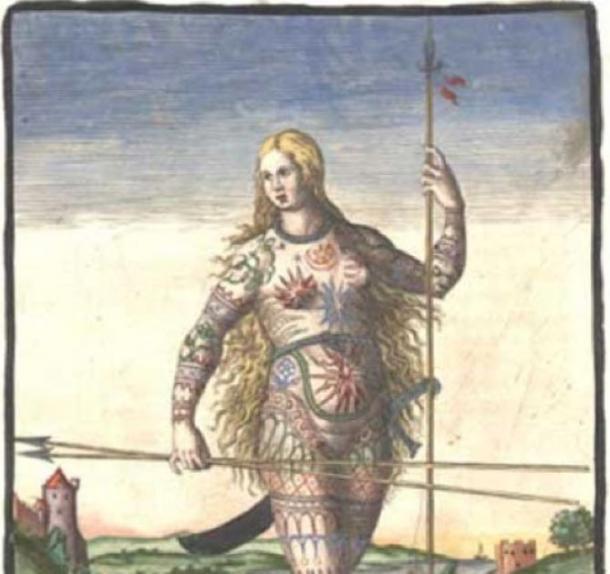 Hand-colored version of Theodor de Bry’s engraving of a Pict woman (a member of an ancient Celtic people from Scotland). De Bry’s engraving, “The True Picture of a Women Picte,” 1588 ( Public Domain )