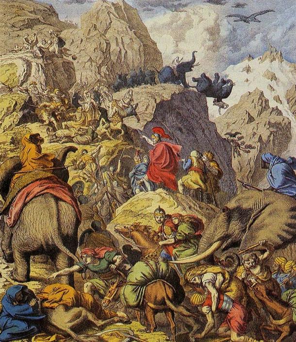 Hannibal and his men crossing the Alps.